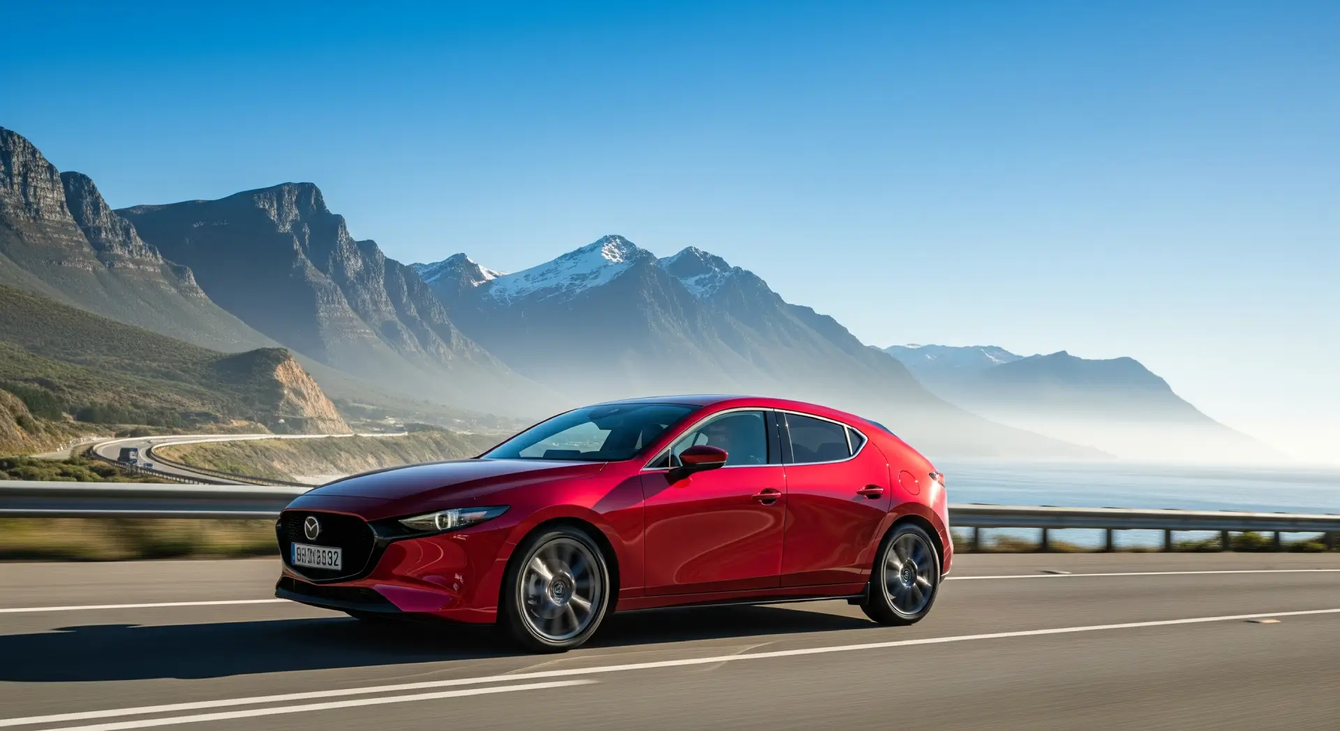 2025 Mazda 3 driving on a scenic highway with mountains in the background