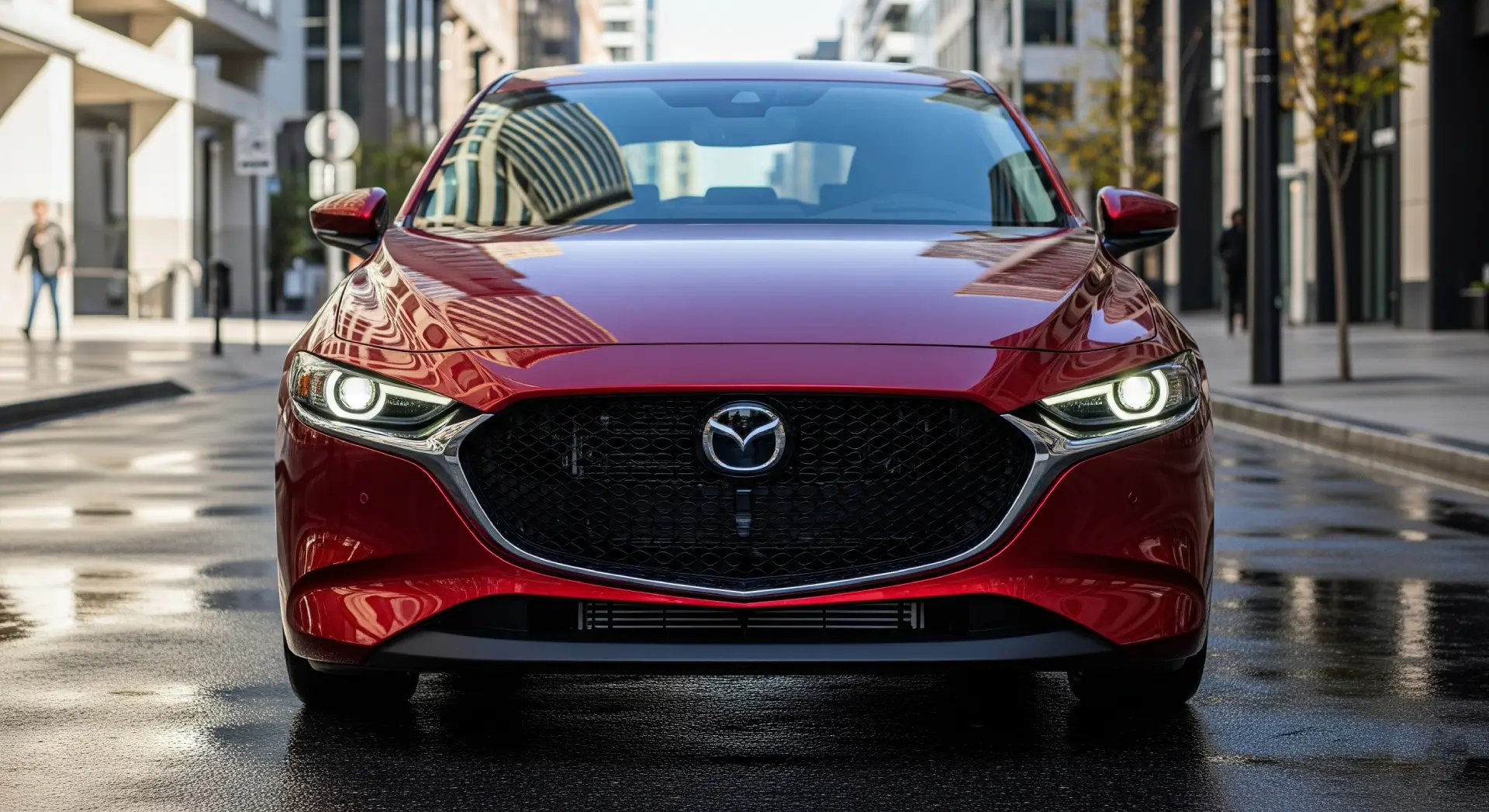 2025 Mazda 3 front view with sleek headlights and bold grille