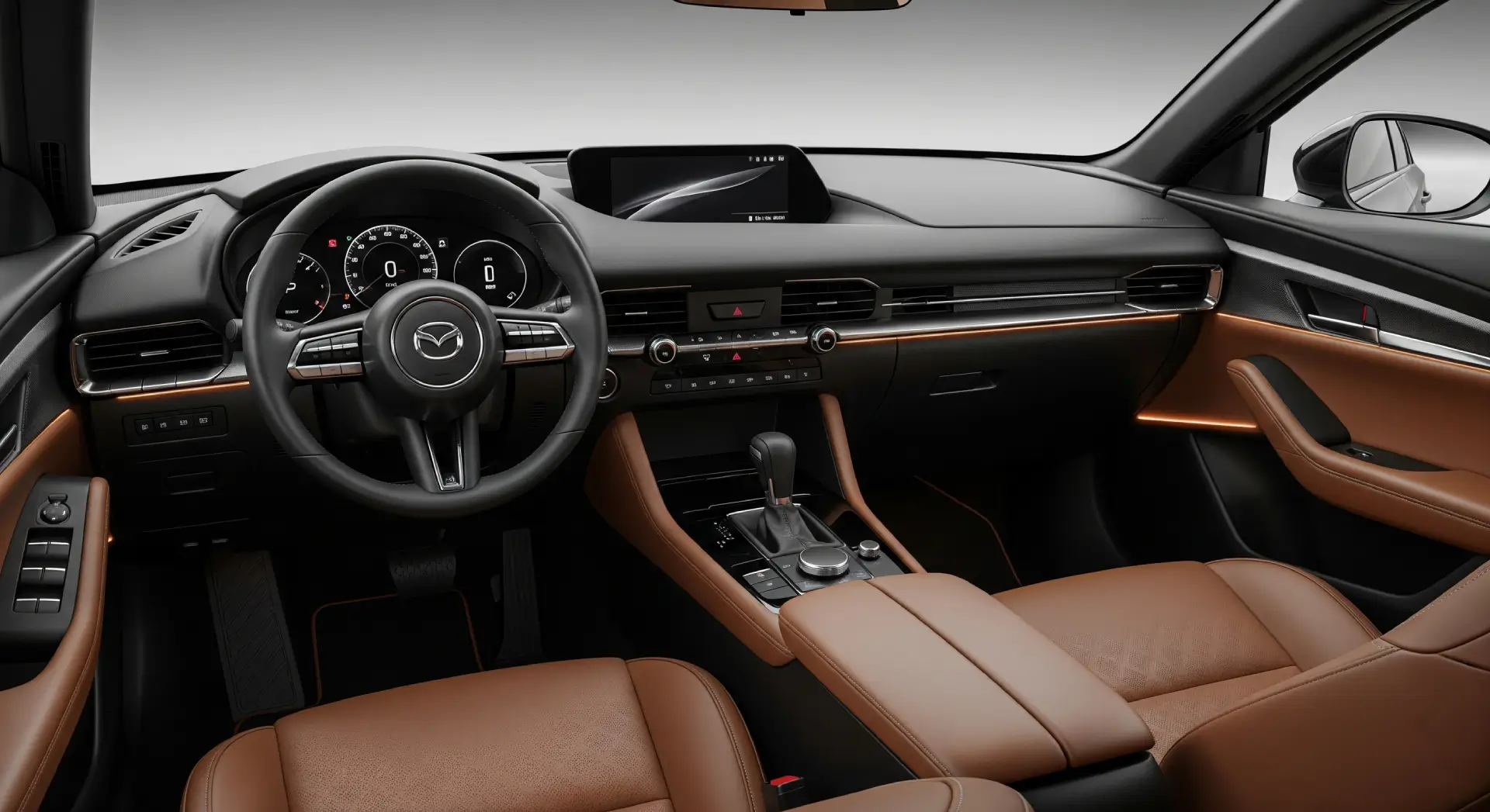 Interior of the 2025 Mazda 3 featuring premium leather seats and digital display