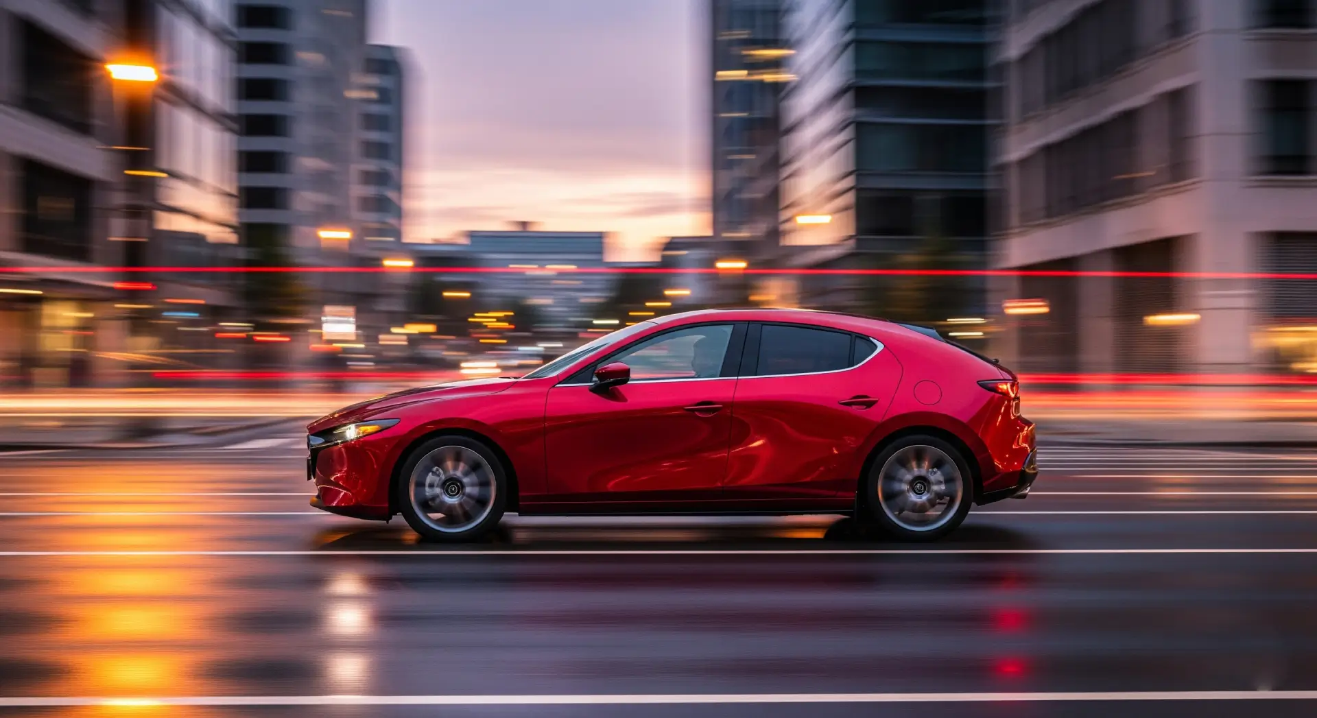 Side profile of the 2025 Mazda 3 in motion on a city street