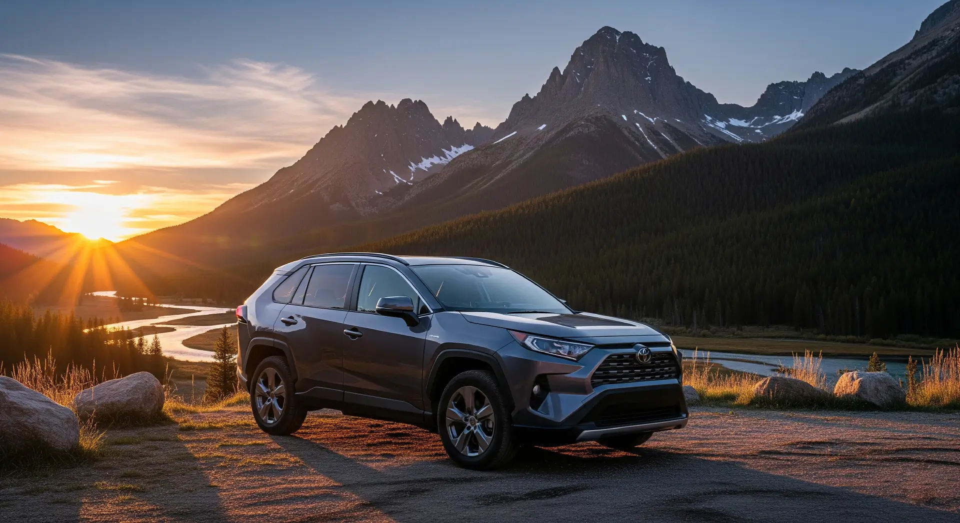 A new Toyota RAV4 parked in a scenic mountain landscape