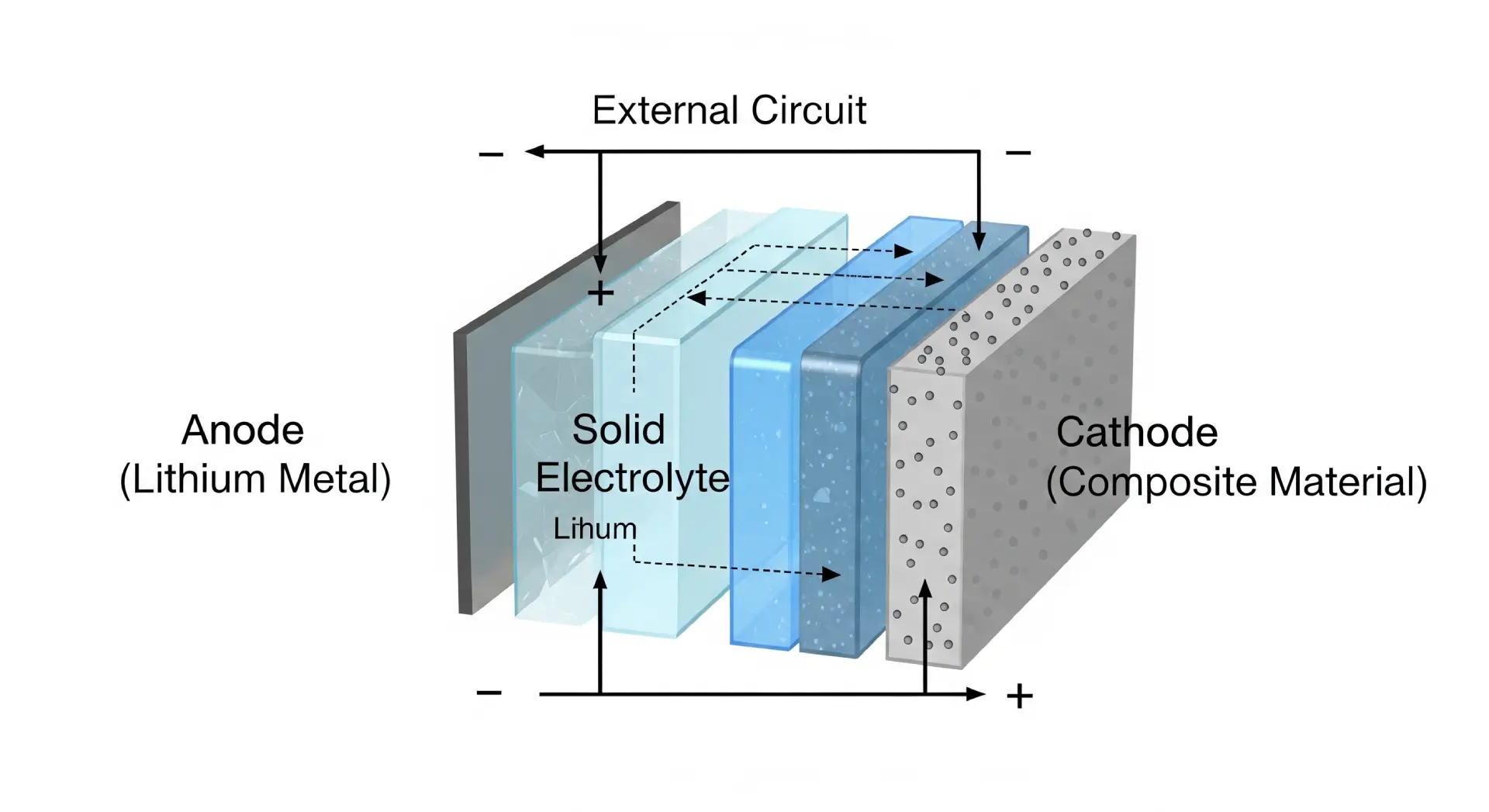 A technical diagram showing the components of a solid-state battery