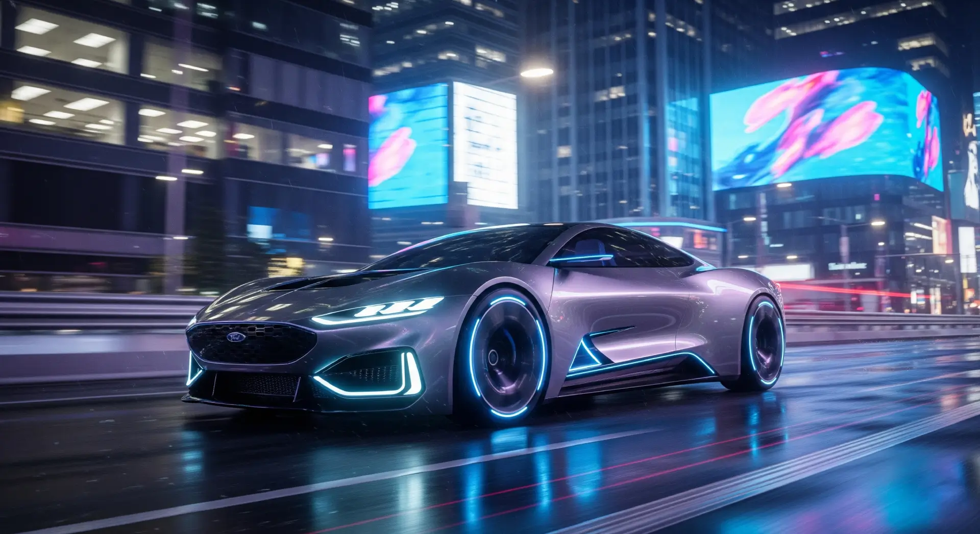 Futuristic Ford concept car in cityscape