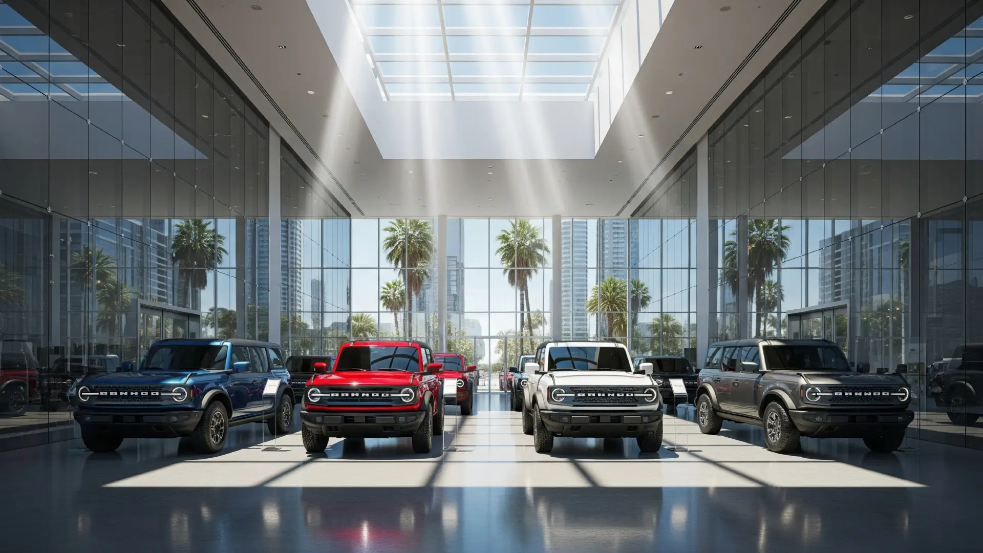 2025 Ford Bronco color options lineup in showroom setting