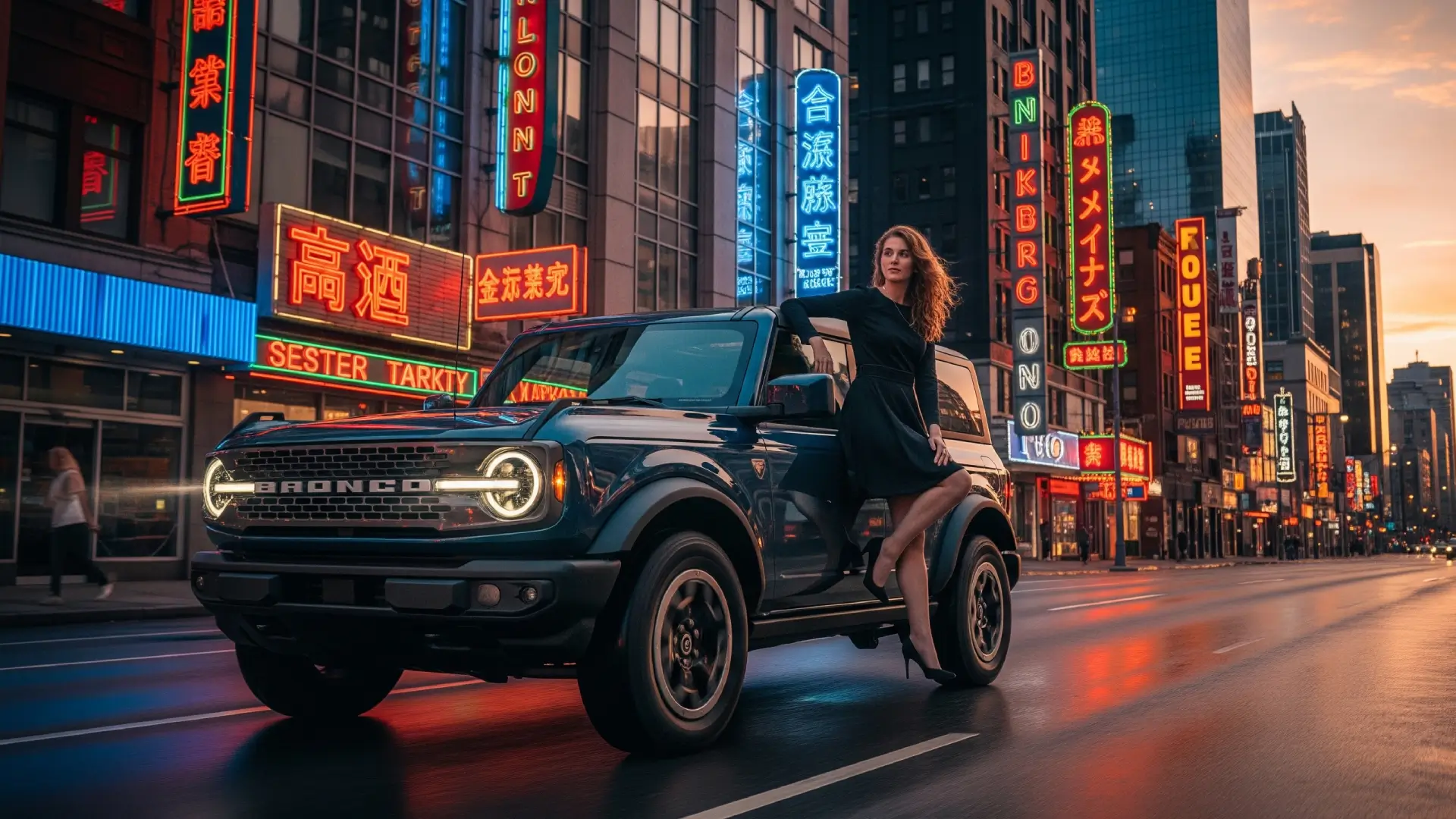 2025 Ford Bronco driving through city streets at sunset