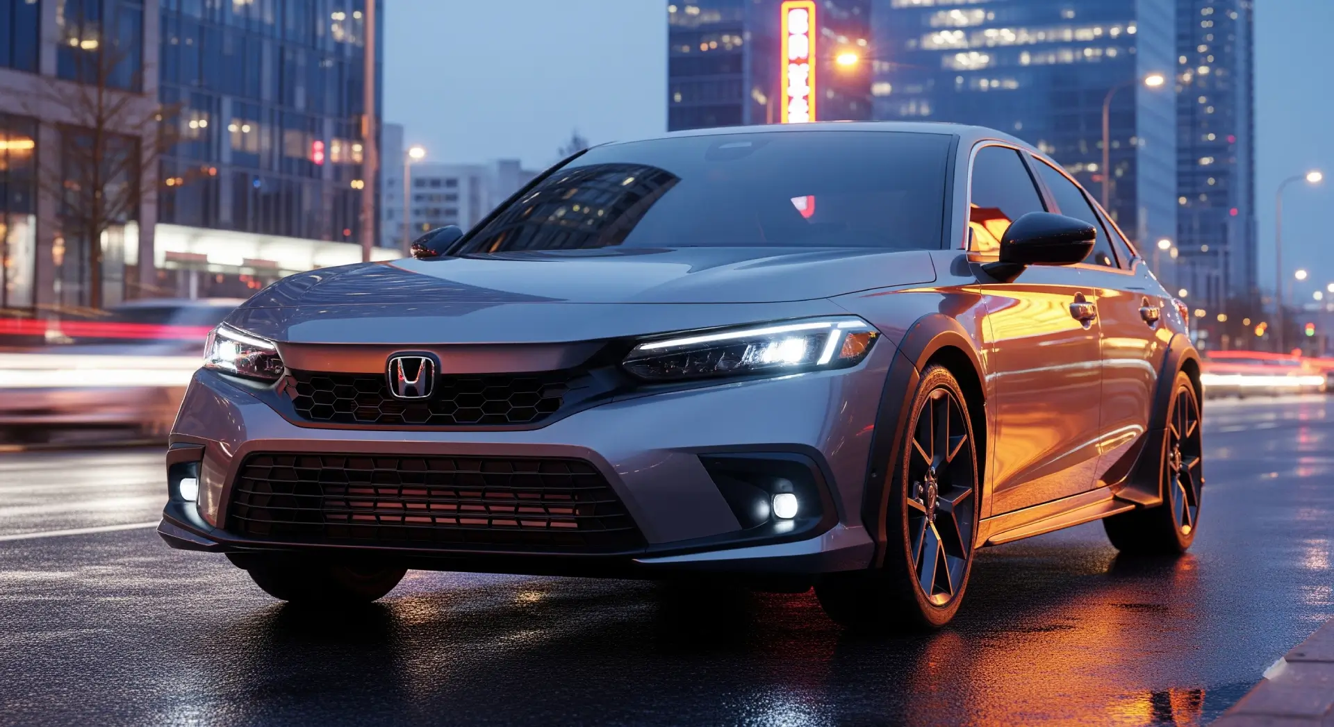 2025 Honda Civic front view with sleek LED headlights and bold grille design.