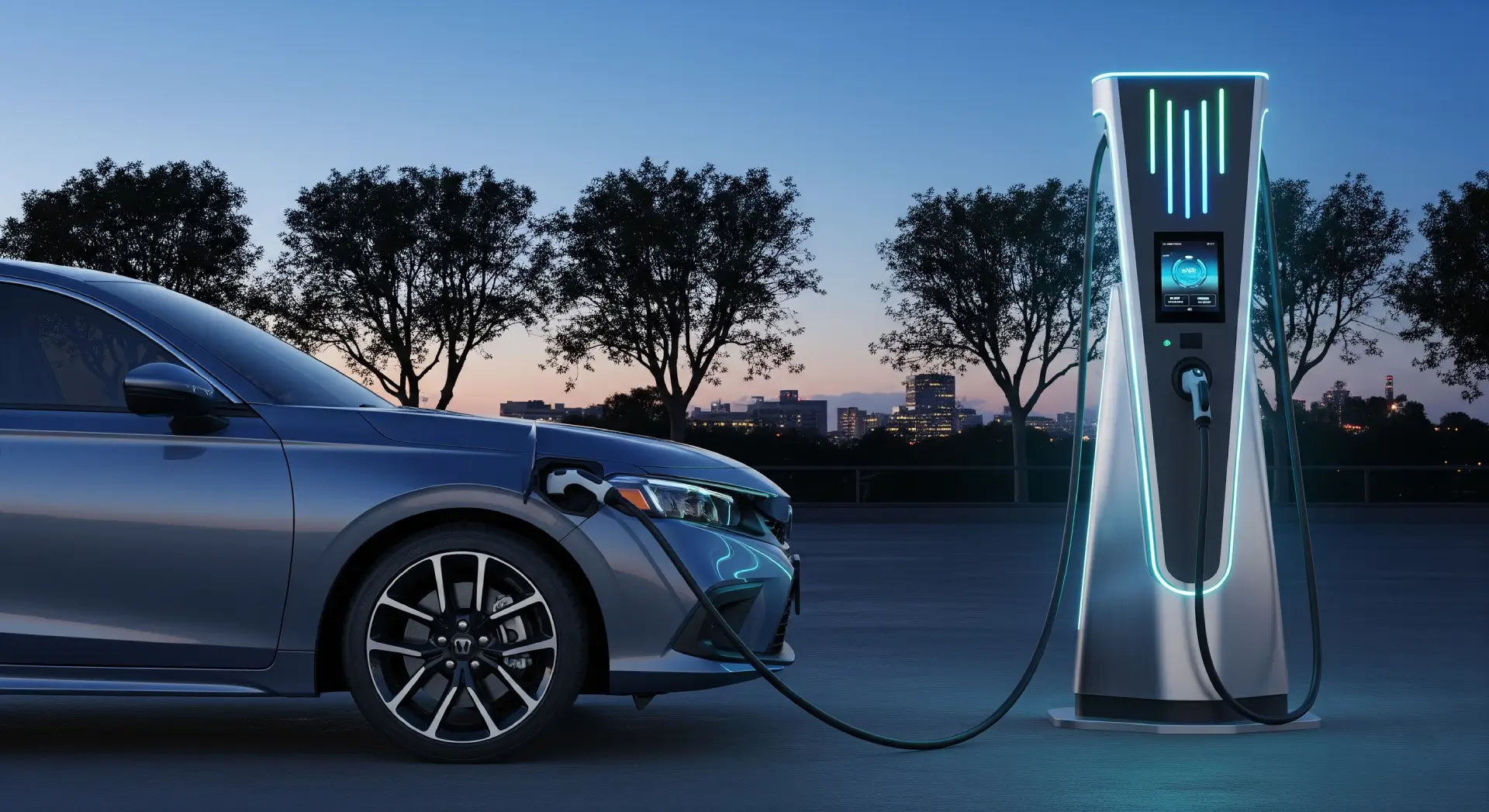 2025 Honda Civic hybrid model charging at a modern EV station.