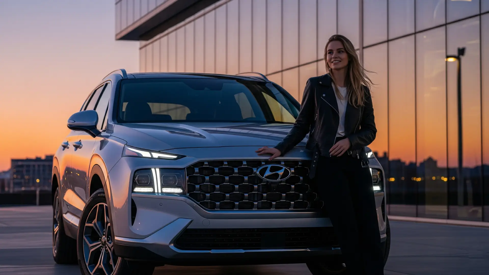 2025 Hyundai Santa Fe front view with bold grille and LED lights