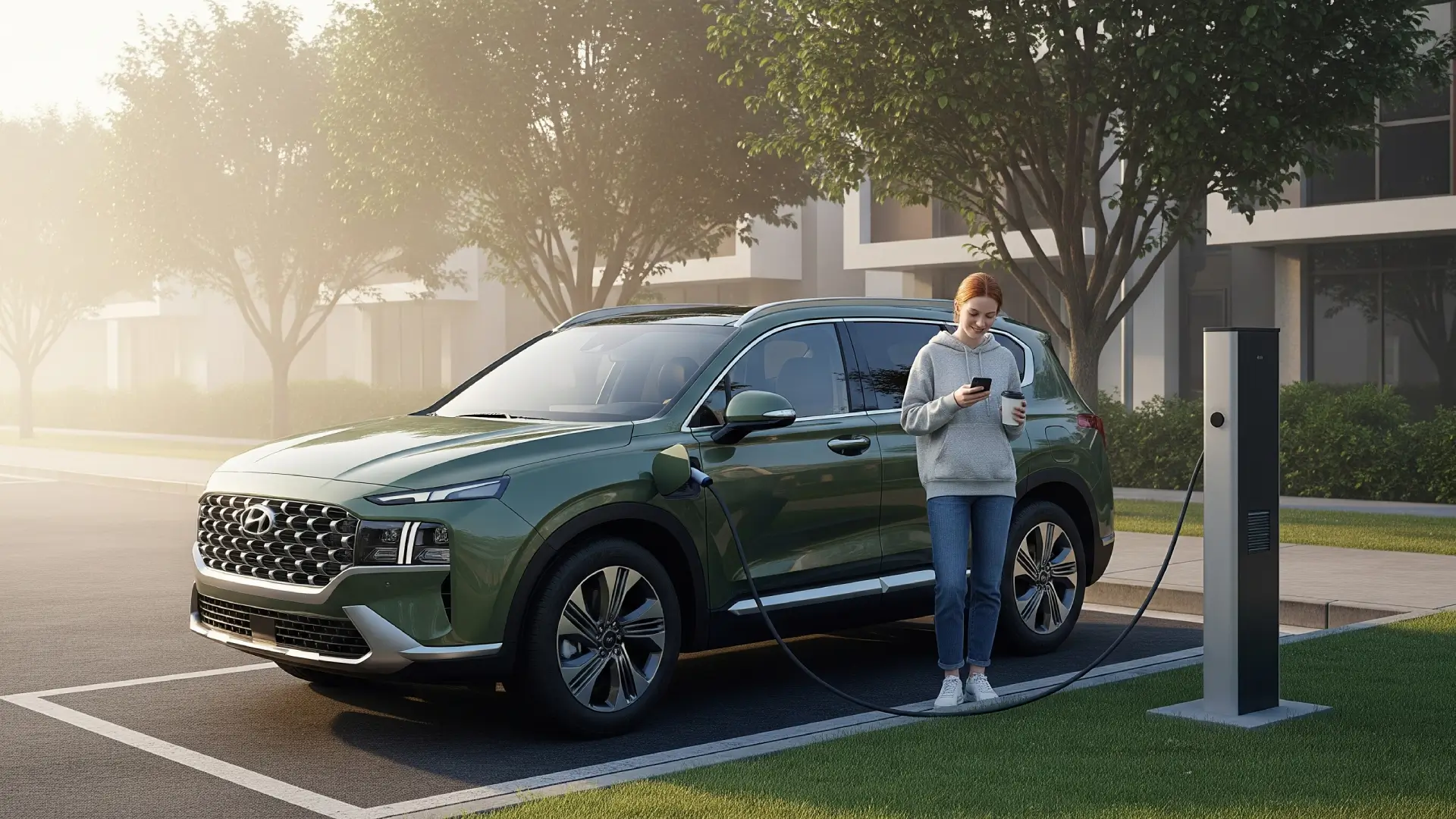 2025 Hyundai Santa Fe hybrid variant charging at a public station