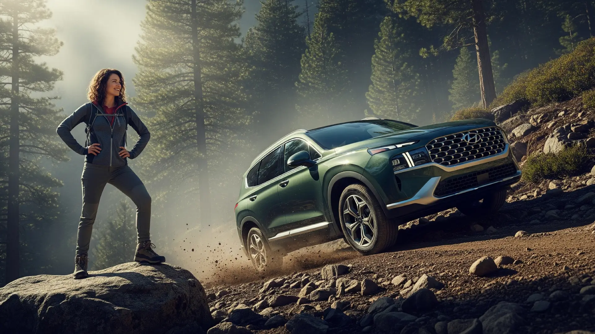 2025 Hyundai Santa Fe off-road on a rugged mountain trail.