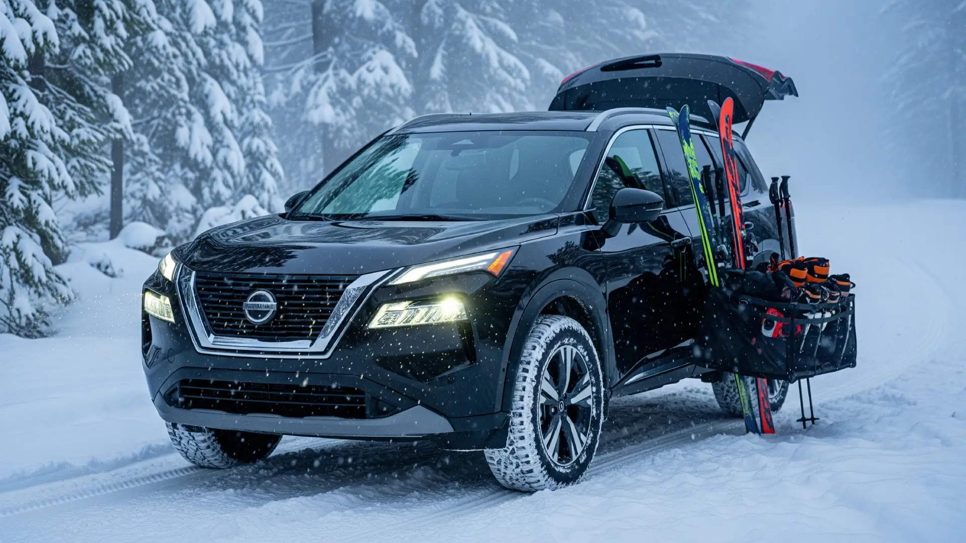 2025 Nissan Rogue in vibrant orange parked near a serene lake with mountains in the distance.