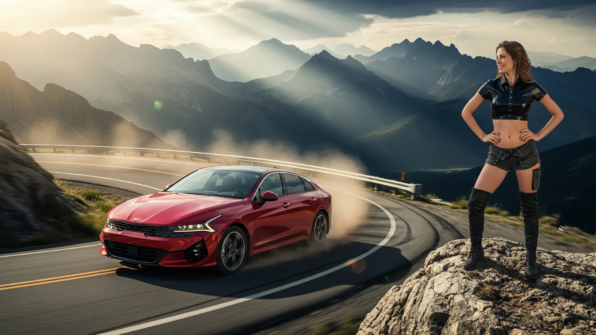 Kia K5 in vibrant red navigating a winding mountain road, emphasizing its agile handling.