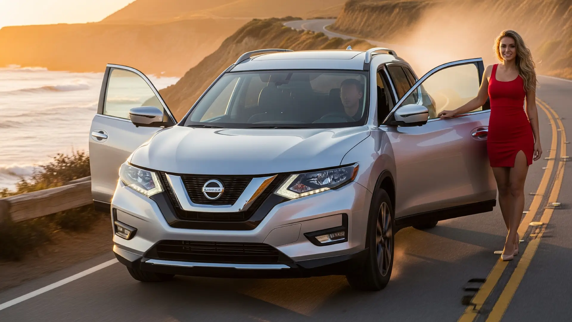 Sleek silver Nissan Rogue compact SUV parked on a scenic coastal road at sunset, highlighting its modern design and bold grille.