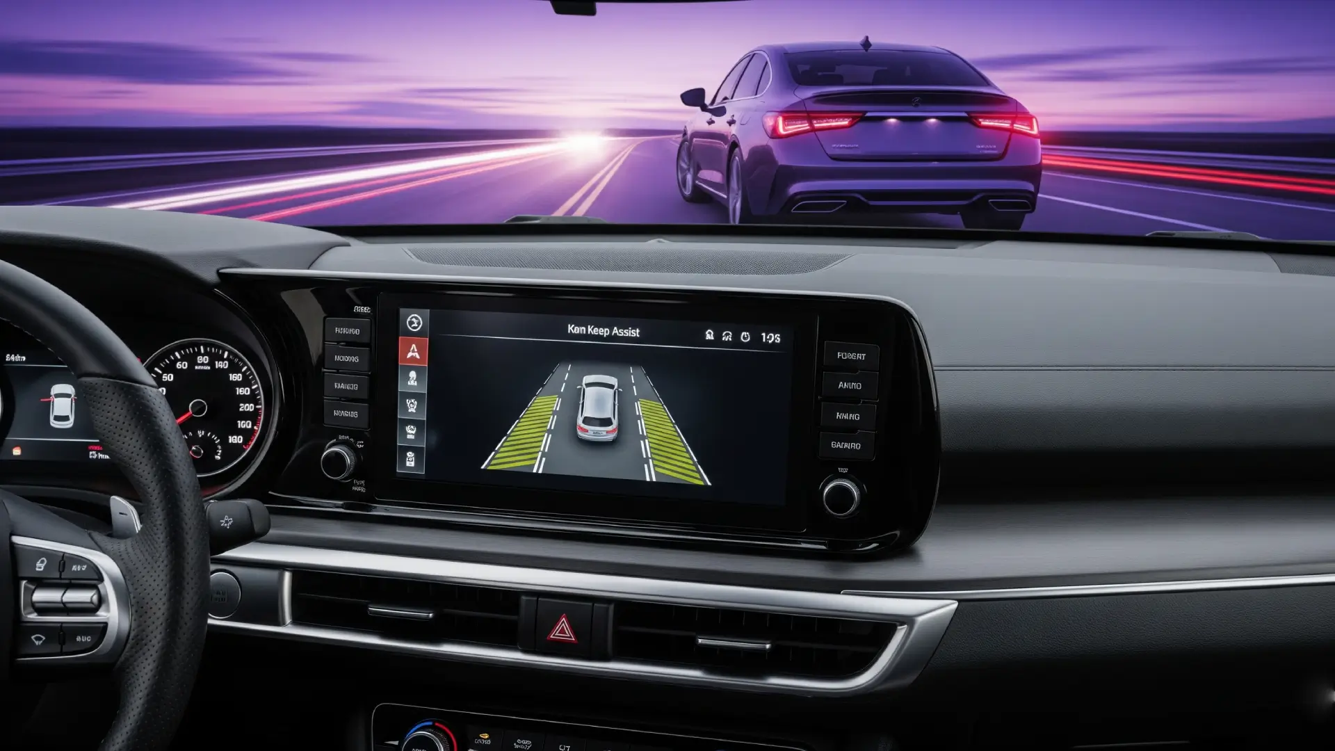 Kia K5 advanced driver assistance system displayed on a dashboard screen, highlighting lane-keep assist.