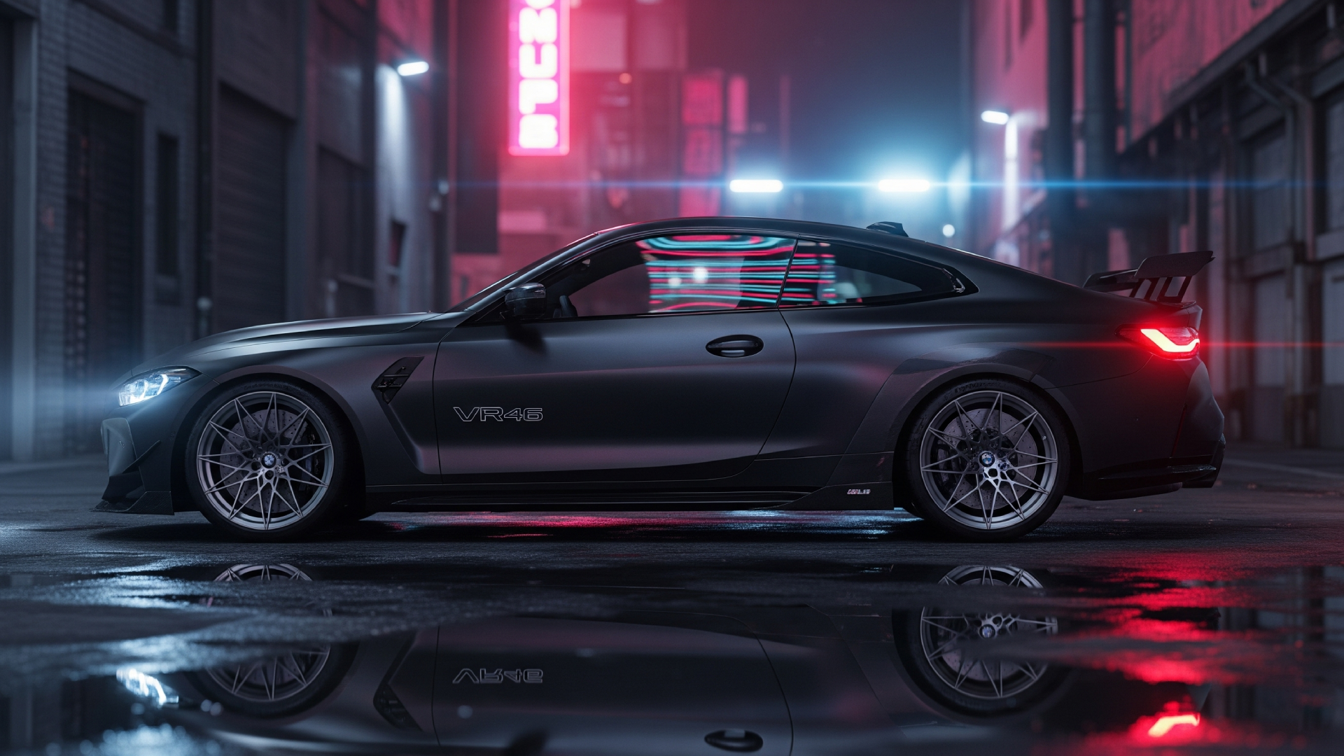 A side profile of the 2025 BMW M4 CS Edition VR46 in a unique matte black finish, parked in an urban setting with neon lights reflecting off its curves.