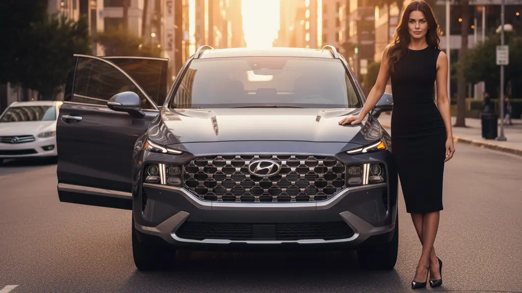 Front view of the 2025 Hyundai Santa Fe showcasing bold grille and LED headlights.