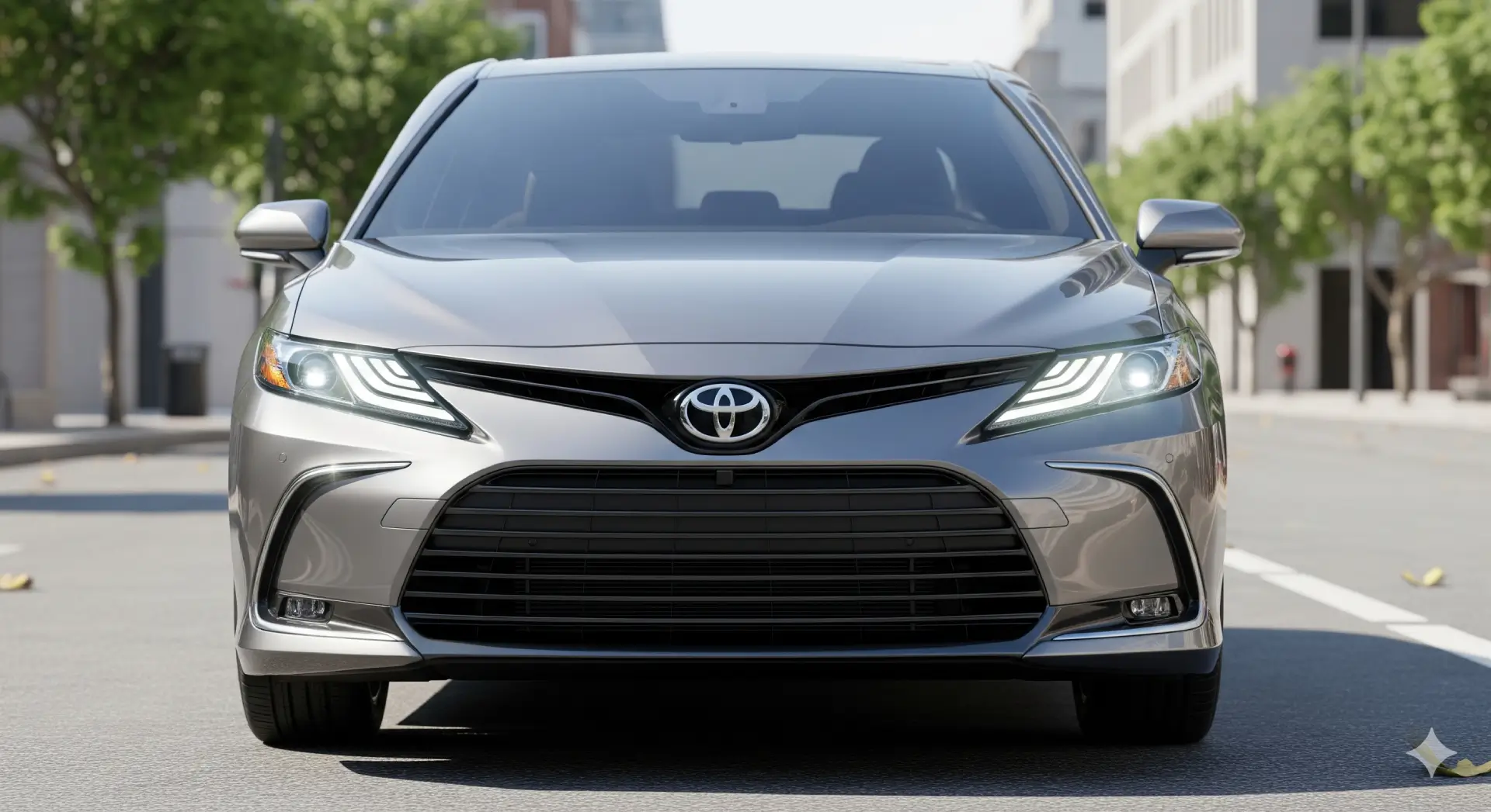 Front view of the 2025 Toyota Camry showcasing bold grille and sleek LED headlights