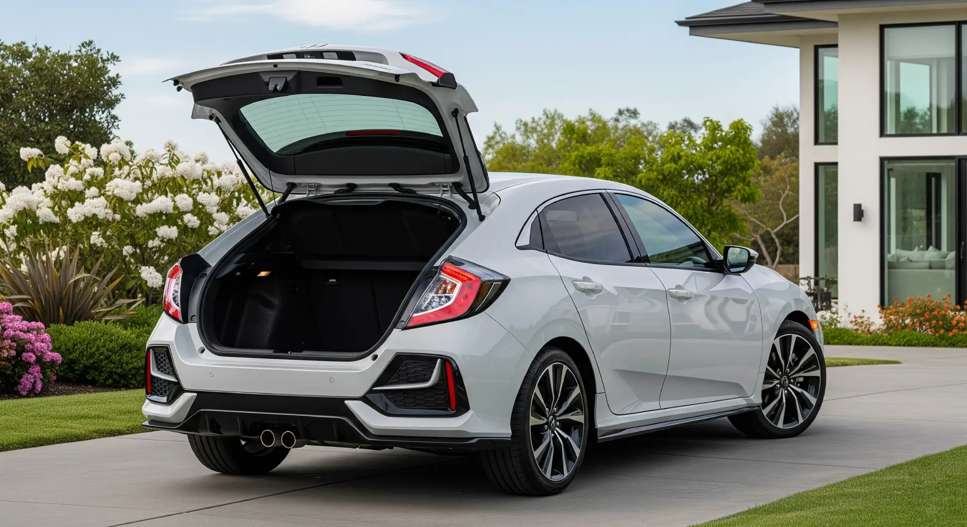 Honda Civic hatchback showing cargo space and sporty design.
