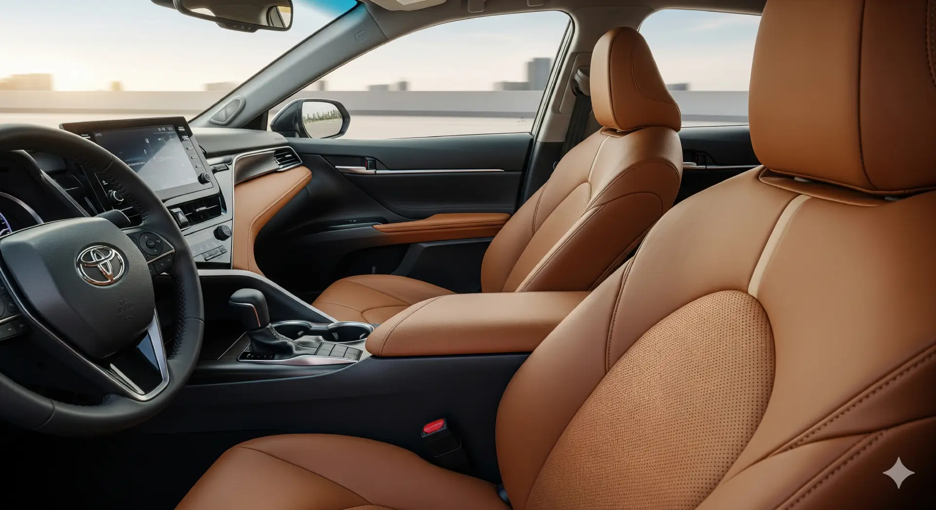 Interior cabin of the 2025 Toyota Camry with premium materials and spacious seating