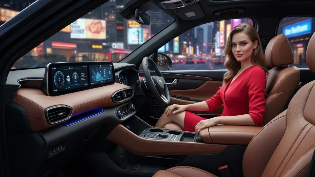 Interior of Hyundai Santa Fe highlighting spacious cabin and advanced infotainment.
