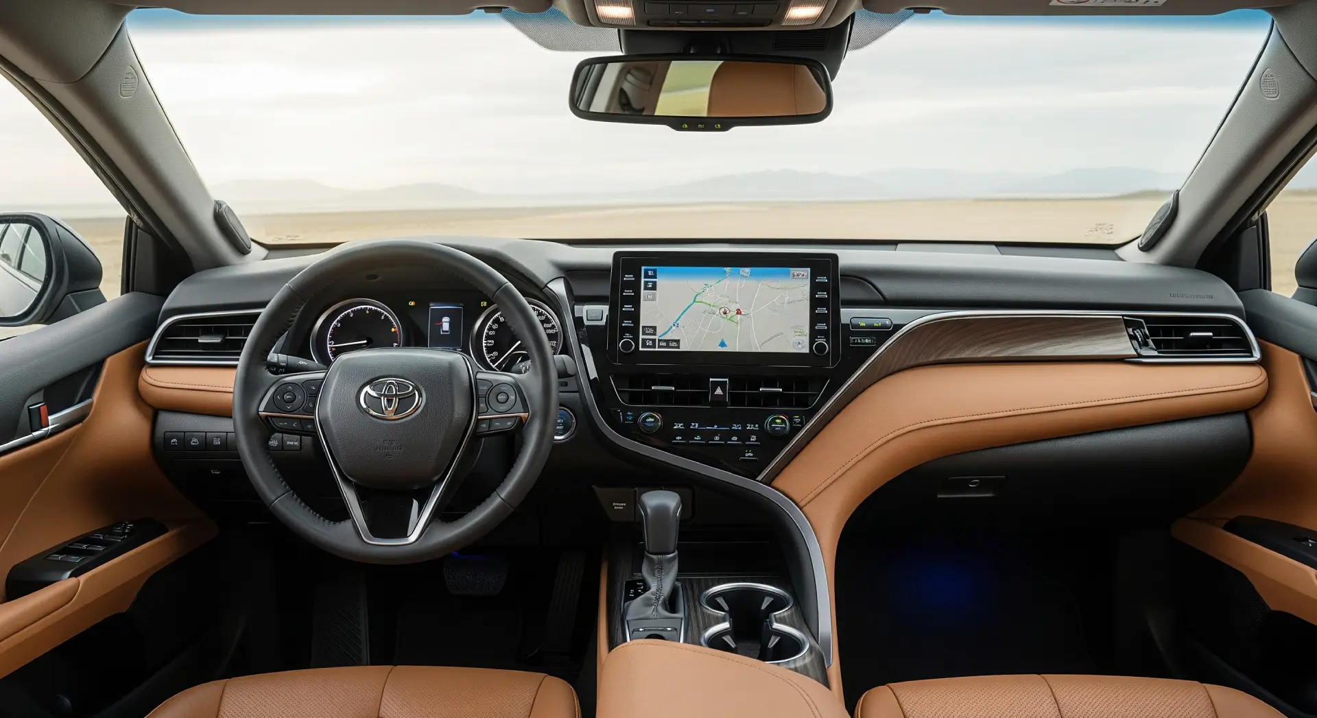 Interior of the Toyota Camry featuring touchscreen infotainment and premium seats.