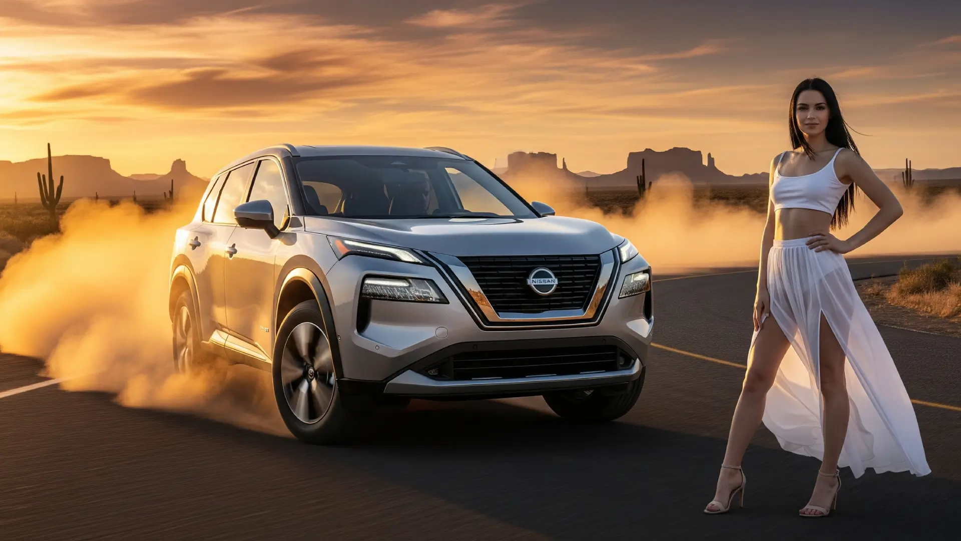 Family loading camping gear into the spacious cargo area of a forest green 2025 Nissan Rogue in a woodland setting.
