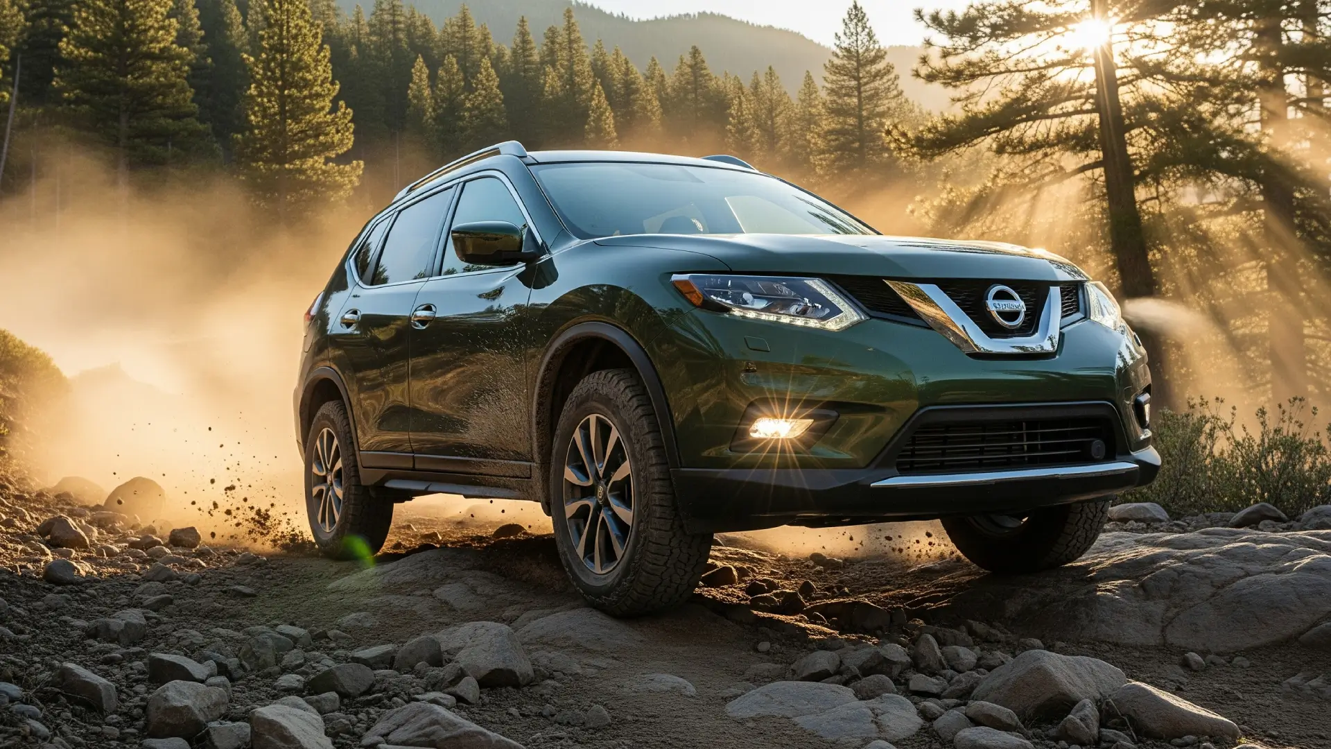 Family loading luggage into the spacious cargo area of a Nissan Rogue during a weekend camping trip in a lush forest.