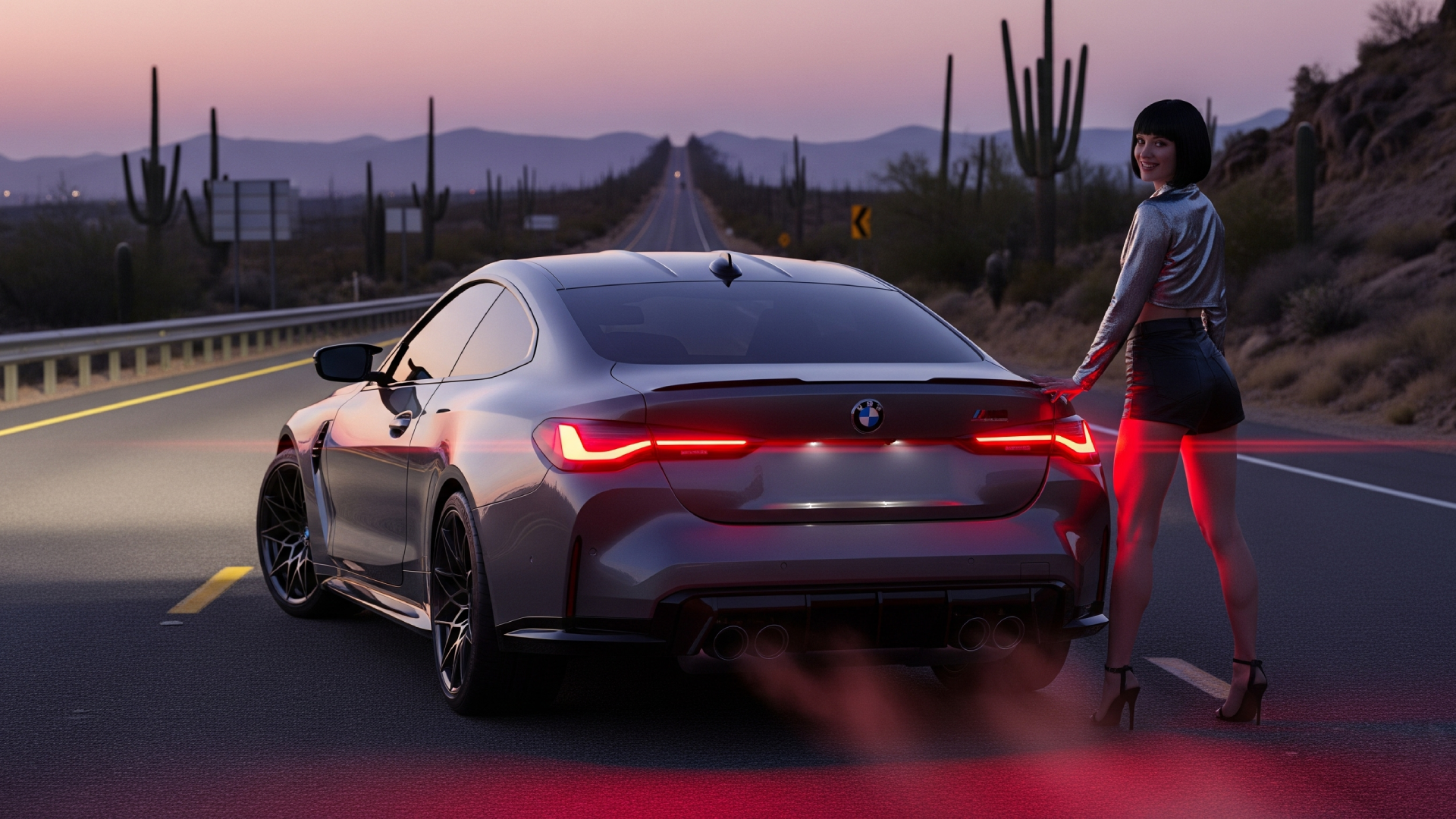 A dynamic shot of the 2025 BMW M4’s rear, highlighting its quad exhausts and sleek taillights glowing in the twilight.