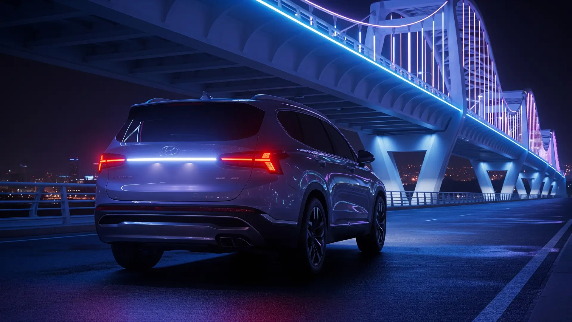 Rear view of 2025 Hyundai Santa Fe with LED light bar.