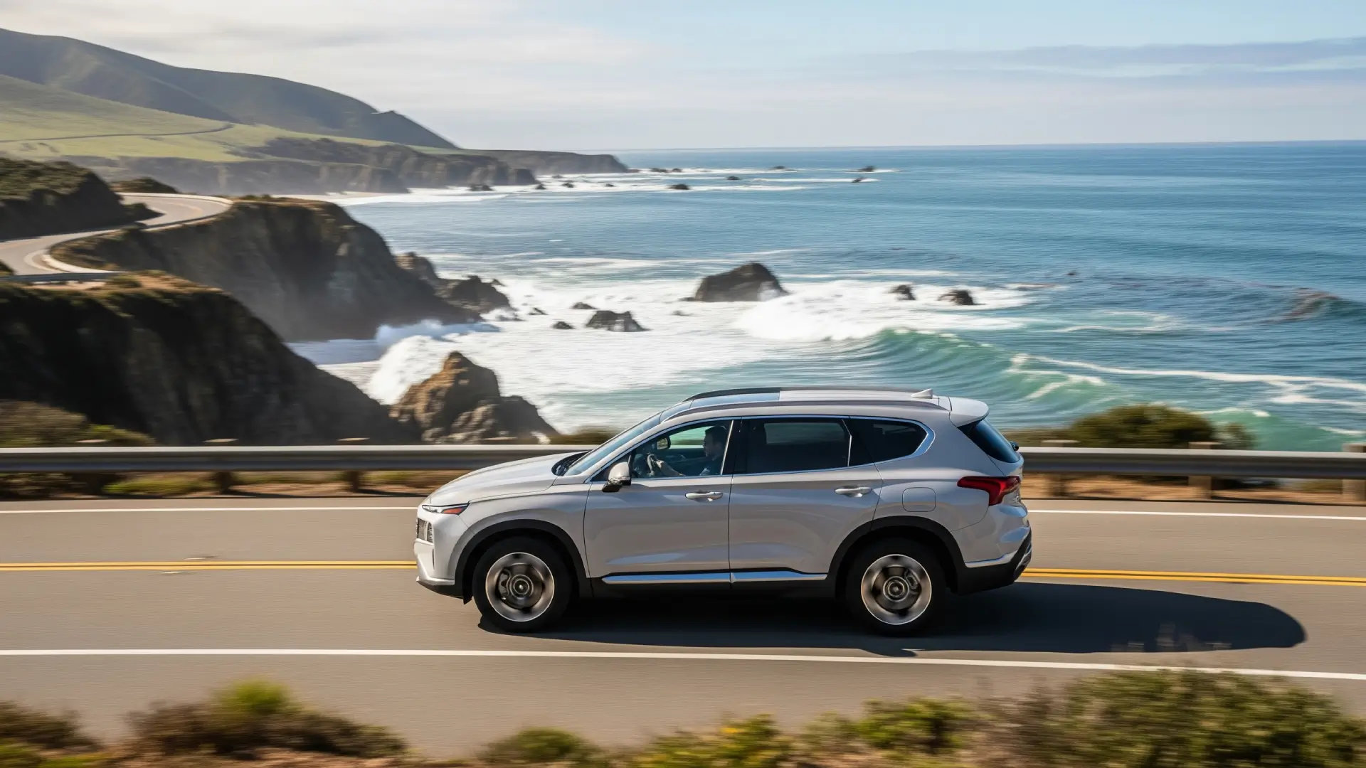 Side profile of 2025 Hyundai Santa Fe highlighting sleek aerodynamics.
