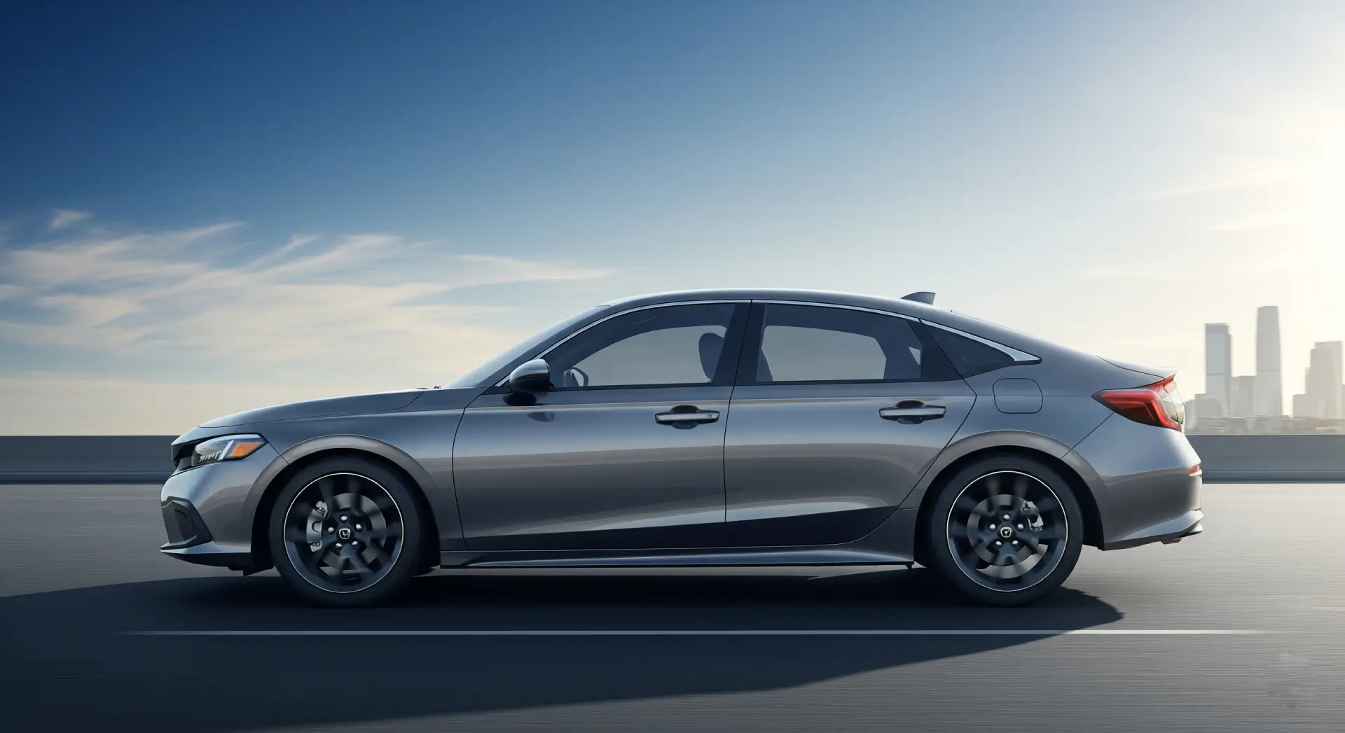 Side profile of the 2025 Honda Civic showcasing aerodynamic lines and alloy wheels.