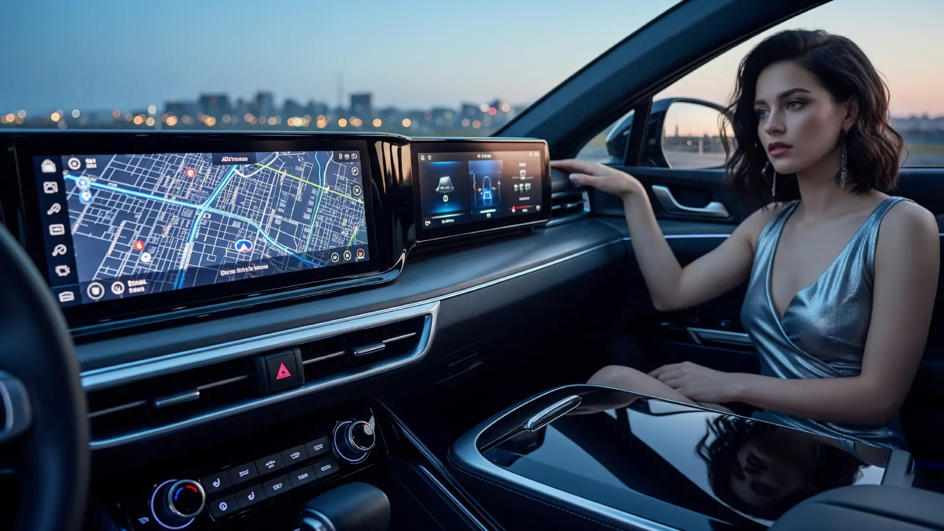 Close-up of the 2025 Kia K5 infotainment touchscreen displaying navigation, surrounded by ambient lighting in a futuristic cabin.