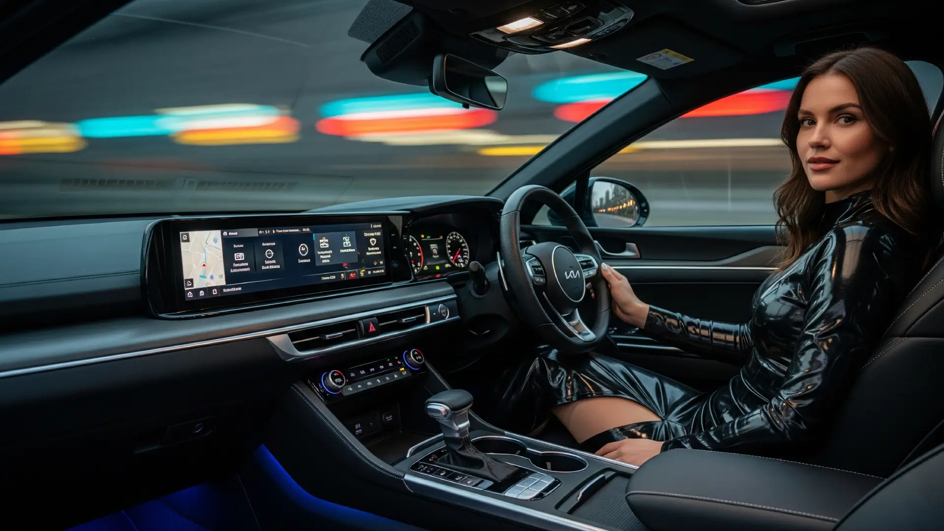 Luxurious interior of the 2025 Kia K5, highlighting a dual-screen digital dashboard with vibrant displays and premium leather accents.