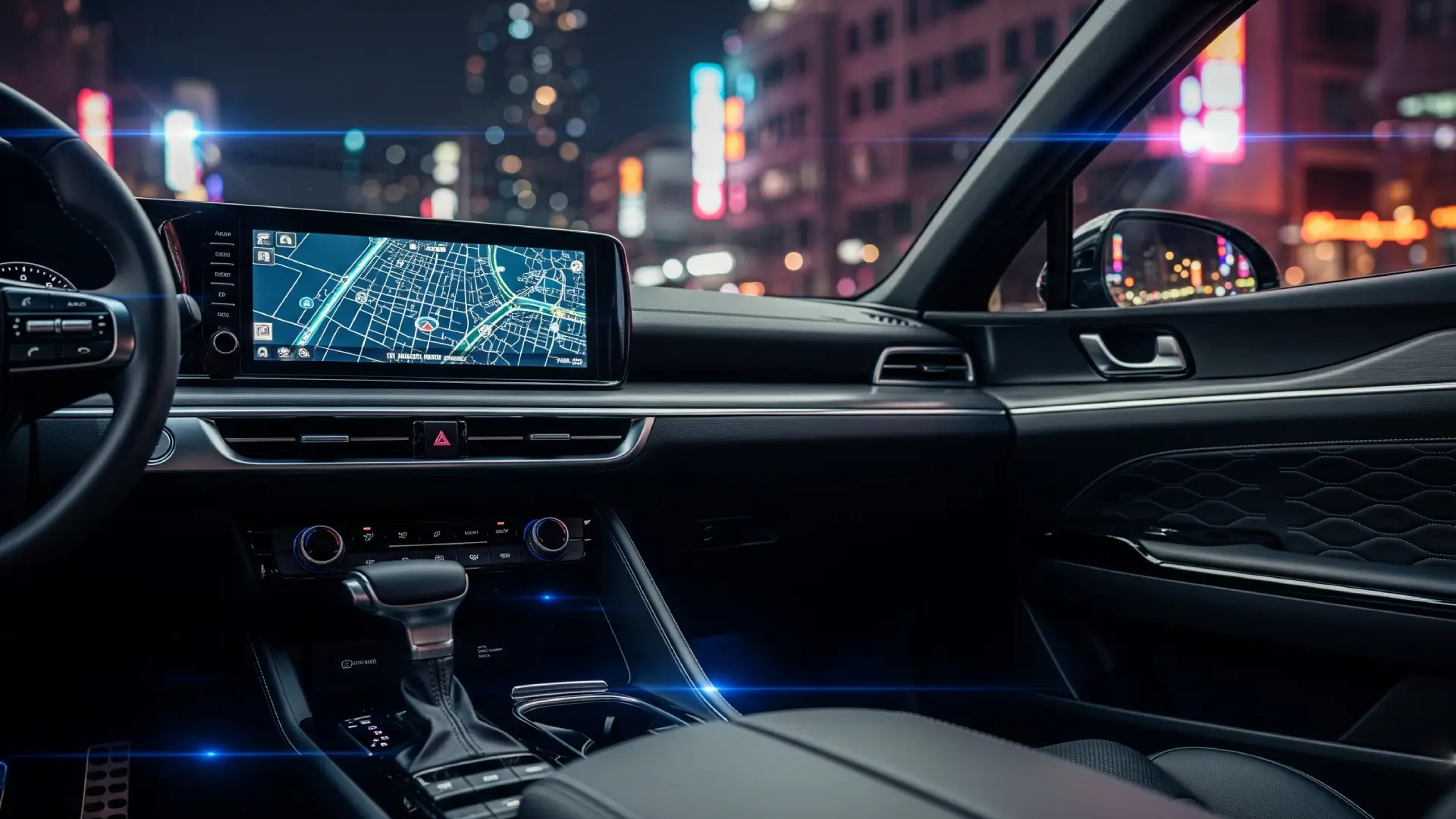 nterior view of a Kia K5 cabin, featuring a vibrant touchscreen infotainment system and premium leather seats.