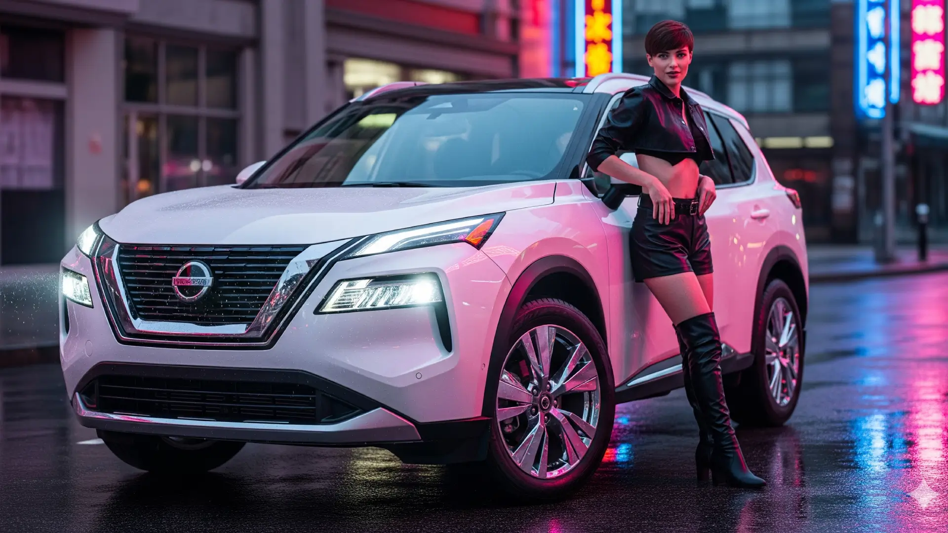 Interior view of the 2025 Nissan Rogue high-tech dashboard with a vibrant touchscreen display and ambient lighting.