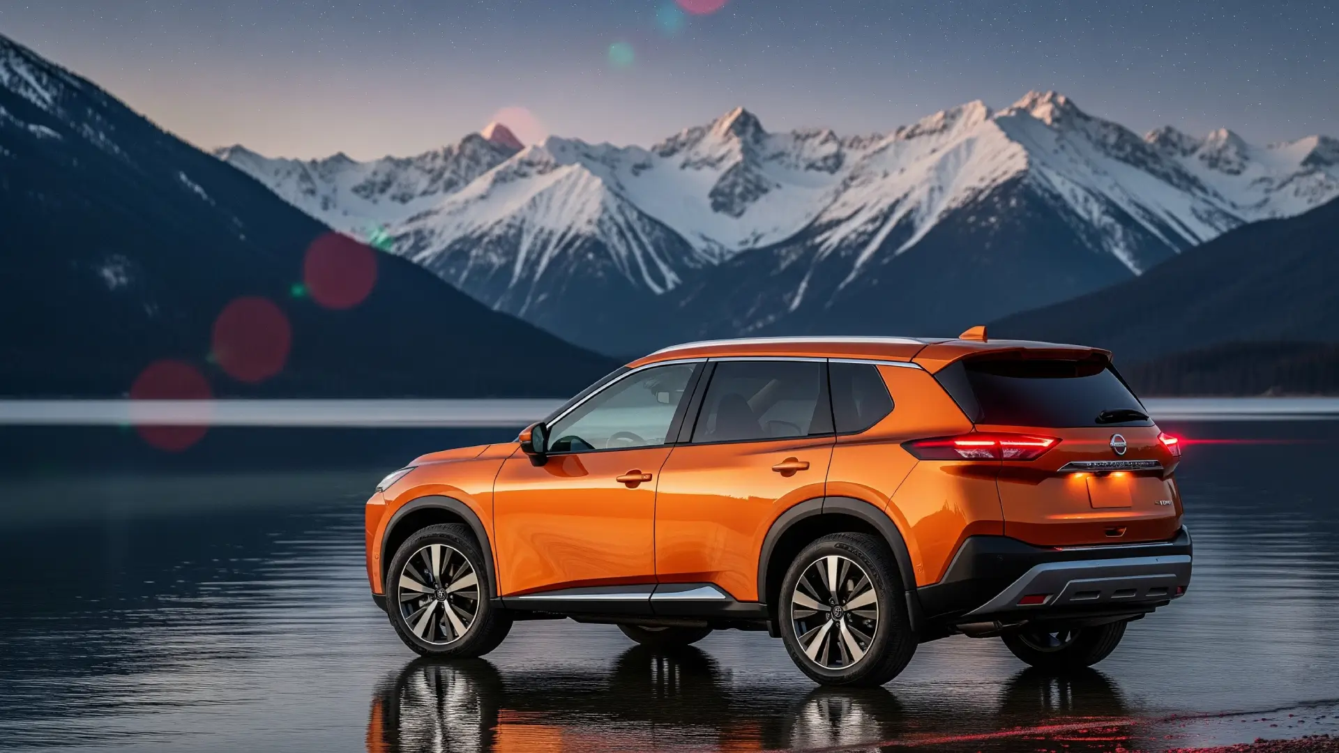 Close-up of the 2025 Nissan Rogue rugged all-terrain tires on a rocky off-road trail at sunset.