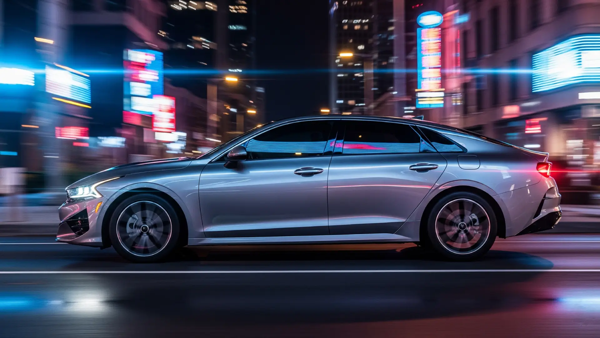 Side view of the 2025 Kia K5 in metallic silver, emphasizing its aerodynamic curves and stylish alloy wheels on a city street.