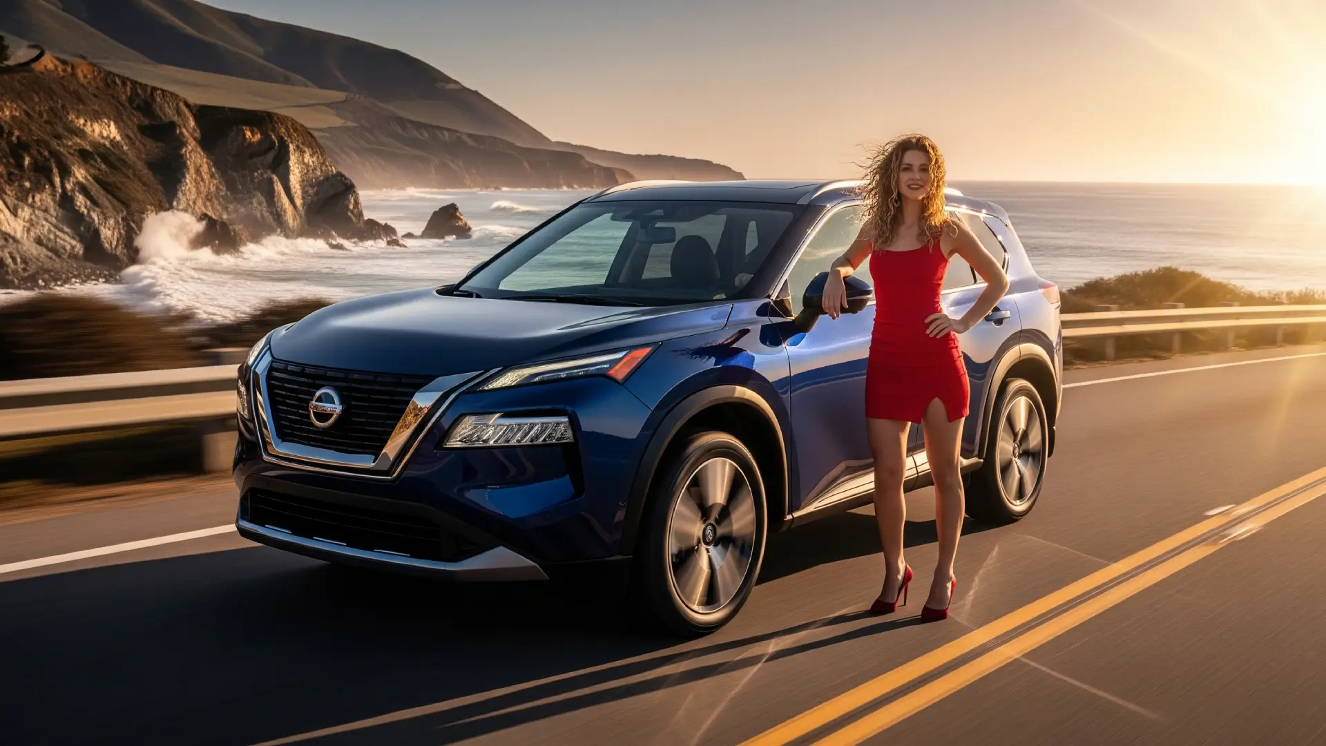 2025 Nissan Rogue in midnight blue cruising along a coastal highway with waves crashing in the background.