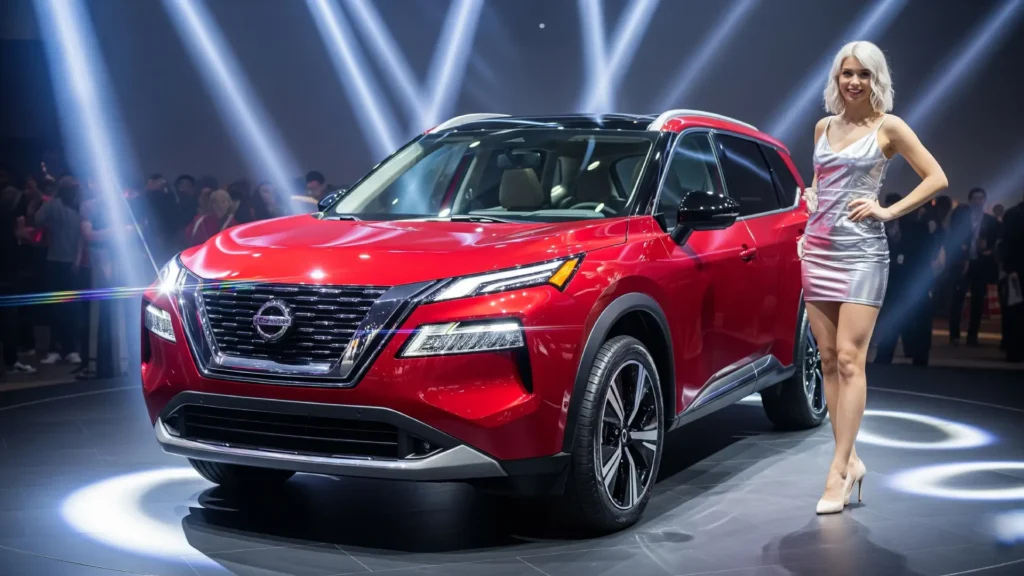 2025 Nissan Rogue’s sleek rear design with modern LED taillights glowing in a starry night sky.