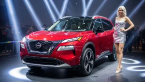 2025 Nissan Rogue’s sleek rear design with modern LED taillights glowing in a starry night sky.