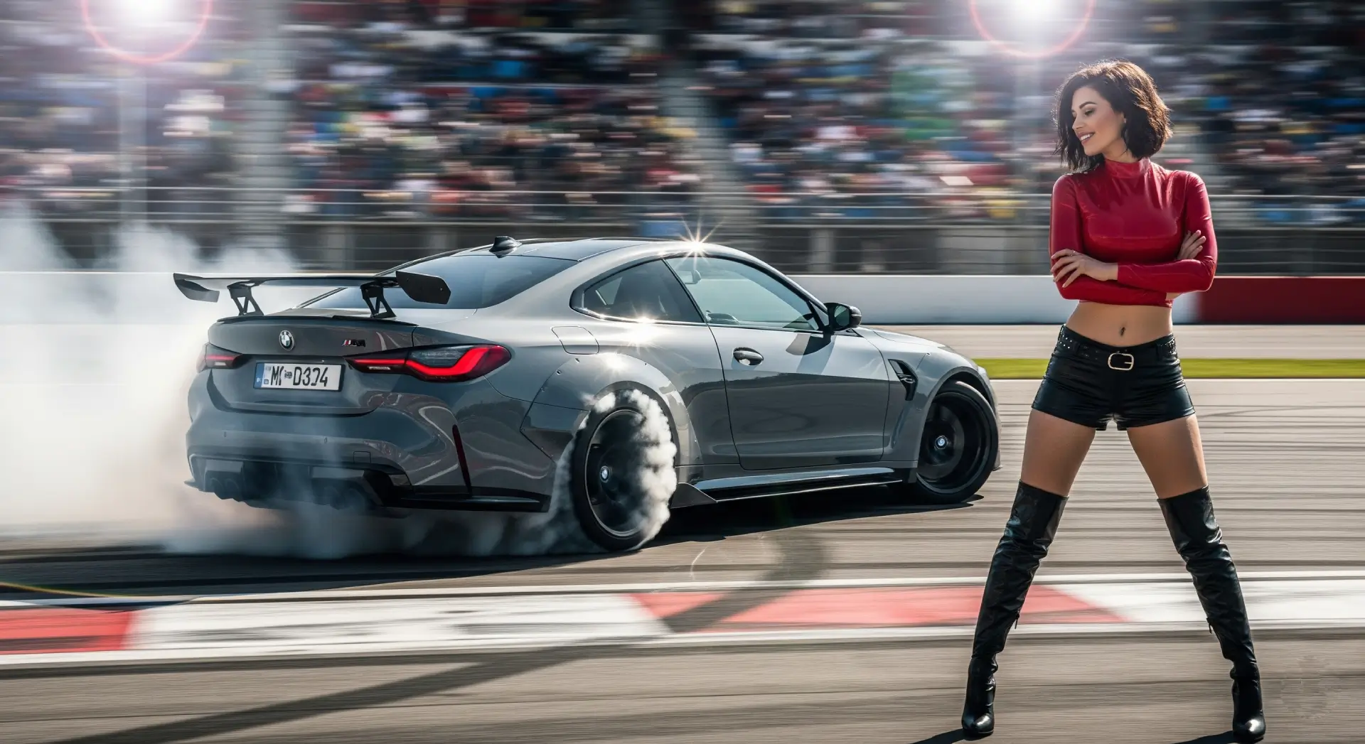 A BMW M4 Competition model drifting around a racetrack corner, tires smoking, with a vibrant crowd in the background.