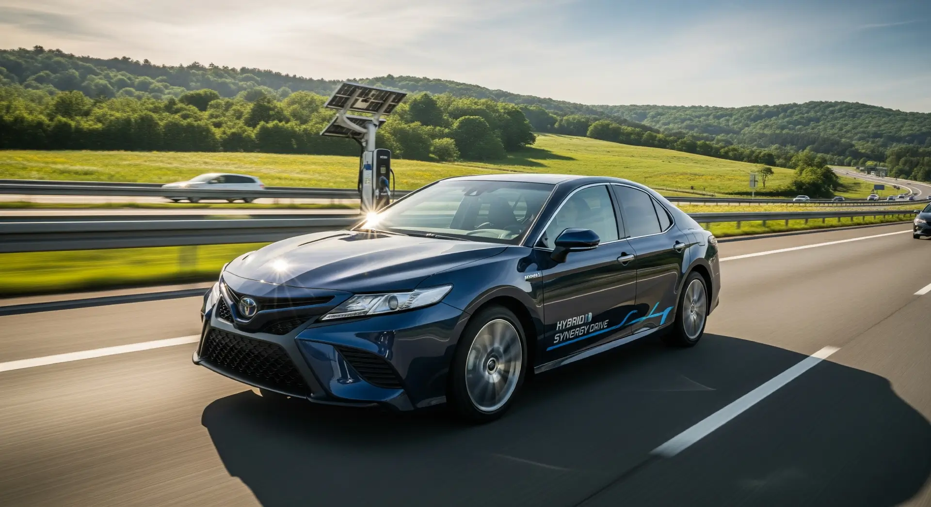 Toyota Camry hybrid model driving on a highway, emphasizing fuel efficiency.