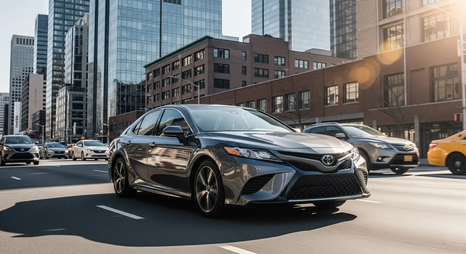 Toyota Camry in a city setting, highlighting its reputation as a dependable daily driver.