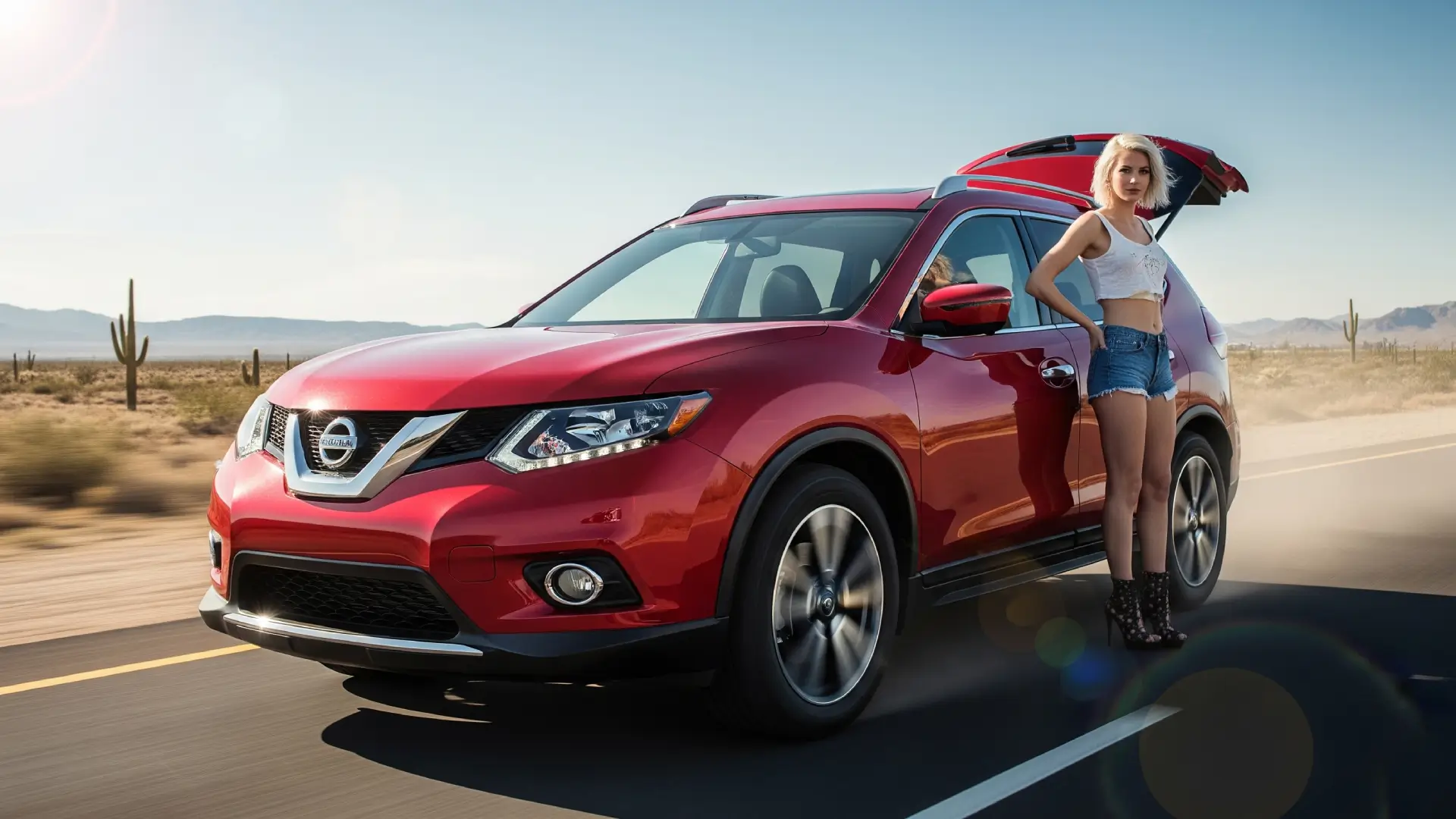 Close-up of a Nissan Rogue's stylish alloy wheels and sharp exterior lines against an urban cityscape backdrop.
