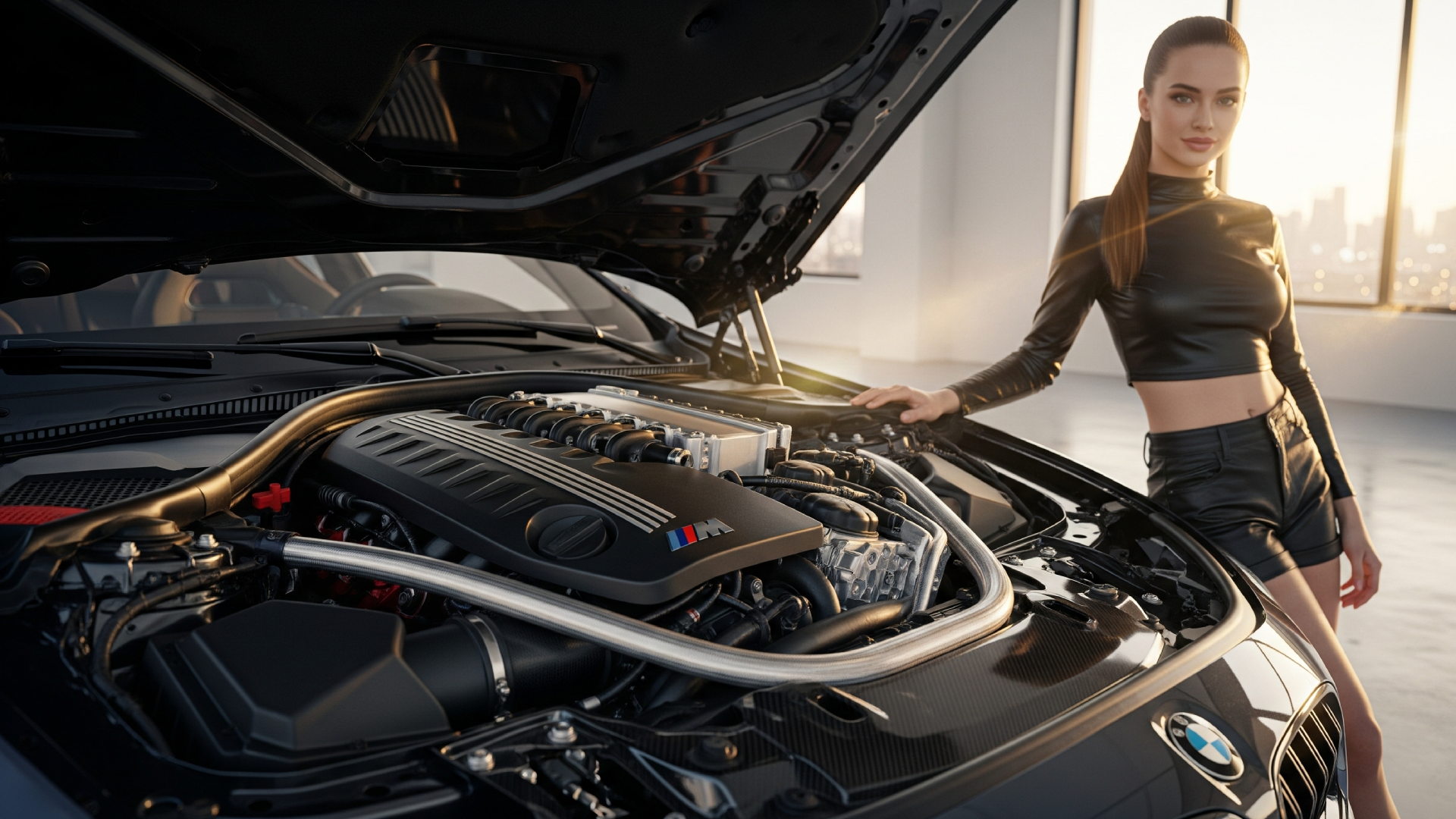 A close-up of the 2025 BMW M4’s twin-turbo inline-six engine, gleaming under the hood with intricate details and vibrant red accents, symbolizing raw power.