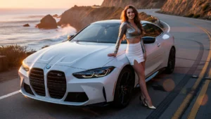 A sleek 2025 BMW M4 coupe in vibrant alpine white, parked dynamically on a coastal road at sunset, showcasing its aggressive front grille and aerodynamic lines.