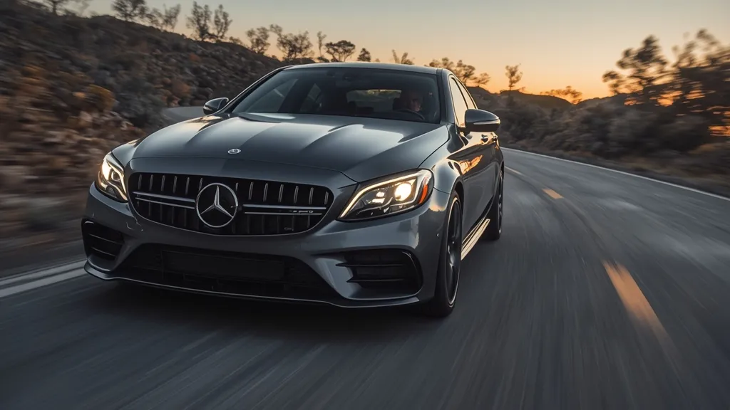 Dynamic front-three-quarter view of the AMG C43 2024 on a winding road, showcasing its aggressive design.