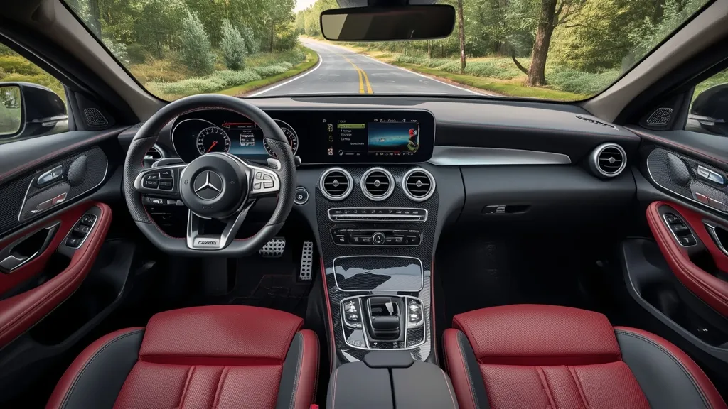 Luxurious and high-tech interior of the AMG C43 2024 with MBUX infotainment and sports seats.