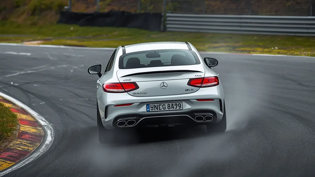 Rear-axle steering in action, showing the AMG C43 2024 gracefully navigating a tight turn.