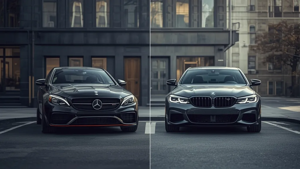 AMG C43 2024 parked alongside a BMW M340i, highlighting their design differences and segment rivalry.
